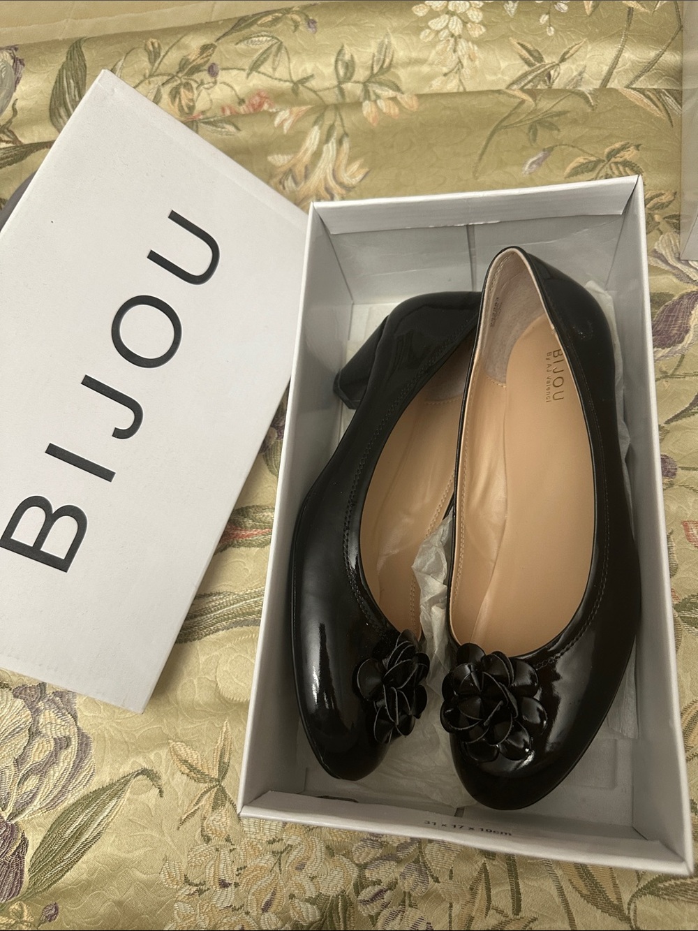 Bijou Black Patent Ballet Flats with Floral Toe Detail